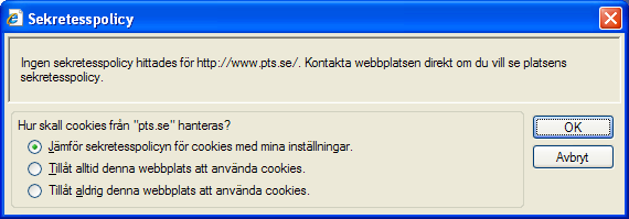 PTS saknar en sekretesspolicy för sin egen cookie...